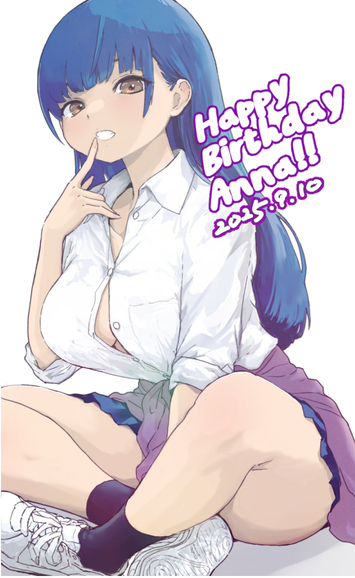 tono51044448, yamada anna, boku no kokoro no yabai yatsu, commentary request, 1girl, black hair, black socks, blue skirt, breasts, brown eyes, bursting breasts, button gap, clenched teeth, clothes around waist, collarbone, collared shirt, dated, english text, finger to mouth, full body, happy birthday, large breasts, long hair, looking at viewer, miniskirt, no bra, partially unbuttoned, pleated skirt, shirt, shoes, simple background, sitting, skirt, sleeves rolled up, sneakers, socks, solo, teeth, thighs, white background, white shirt, white shoes