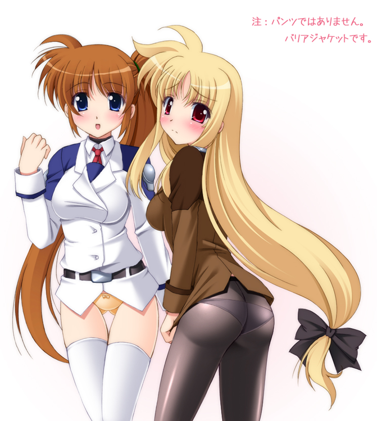 narutaki shin, fate testarossa, takamachi nanoha, lyrical nanoha, mahou shoujo lyrical nanoha, mahou shoujo lyrical nanoha strikers, black legwear, white legwear, 00s, 2girls, ass, blonde hair, blouse, blue eyes, blush, bow, brown hair, hair bow, long hair, low-tied long hair, military, military uniform, multiple girls, no pants, panties, panties under pantyhose, pantyhose, purple eyes, red eyes, red hair, shirt, side ponytail, they're not panties, thigh gap, thighhighs, thighs, underwear, very long hair, white shirt