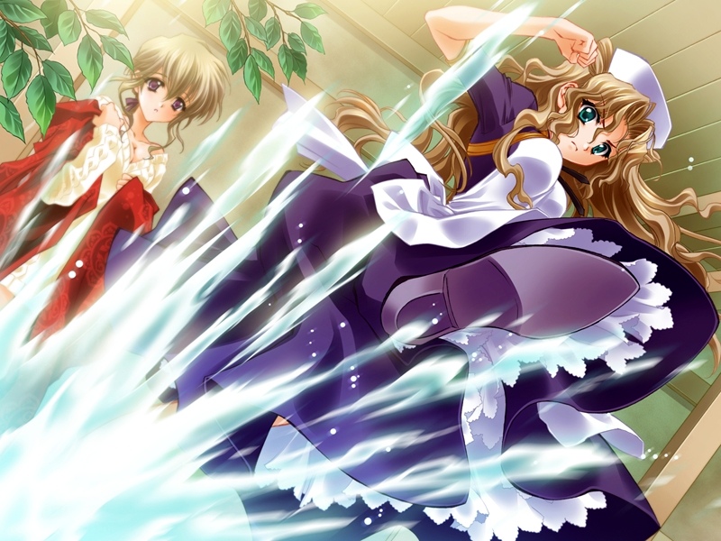 carnelian, kamiazuma yumiko, midou nene, touka gettan, non-web source, 00s, 2girls, apron, blonde hair, brown hair, frills, green eyes, kicking, long hair, maid, maid apron, multiple girls, purple eyes
