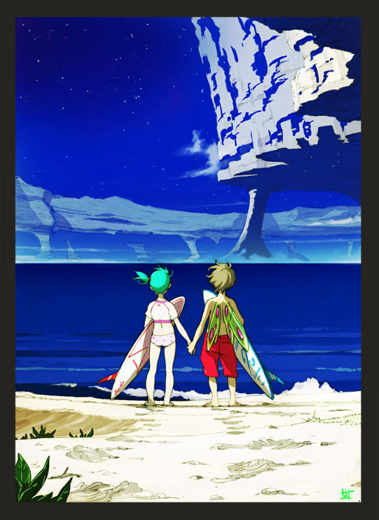 yoshida ken'ichi, eureka seven, eureka seven (series), official art, 00s, 1boy, 1girl, beach, cover, day, dvd cover, hetero, holding hands, ocean, outdoors, ponytail, side ponytail, sky, star (sky), star (symbol), starry sky, surfboard, wings