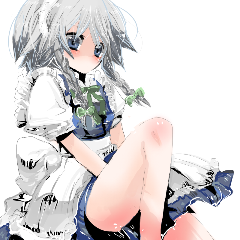 i chi, ichi (antonym), izayoi sakuya, touhou, silver hair, bad id, bad pixiv id, 1girl, blue eyes, braid, dress, female focus, maid, solo, twin braids, white background