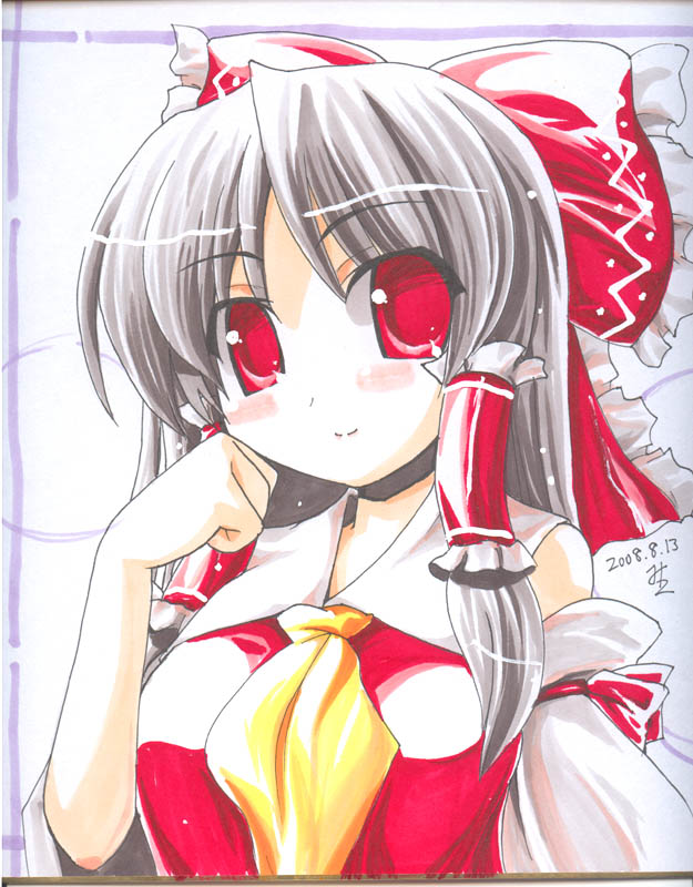 miuku (marine sapphire), hakurei reimu, touhou, traditional media, 1girl, female focus, shikishi, solo
