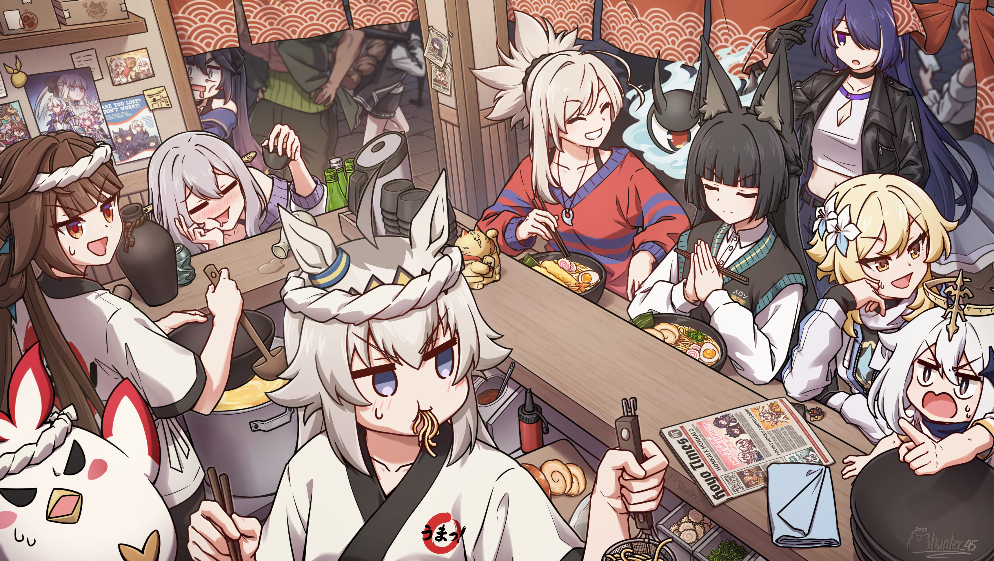 mhunter 45, acheron (honkai: star rail), arthur pendragon (fate), cuora (arknights), cyrene (honkai: star rail), evernight (honkai: star rail), fou (fate), hoshimi miyabi, lumine (genshin impact), march 7th (honkai: star rail), march 7th (preservation) (honkai: star rail), mem (honkai: star rail), merlin (fate/prototype), miyamoto musashi (fate), mona (genshin impact), morgan le fay (fate), oguri cap (umamusume), paimon (genshin impact), phainon (honkai: star rail), red hare (fate), seele (alter ego), seele vollerei, tailless (zenless zone zero), tokai teio (umamusume), arknights, fate/grand order, fate (series), genshin impact, honkai: star rail, honkai (series), mihoyo, umamusume, zenless zone zero, absurdres, character request, commentary, copyright request, english commentary, highres, 2025, 6+girls, alternate costume, arthur pendragon (fate) (cosplay), chopsticks, cosplay, crossover, food, fou (fate) (cosplay), holding, holding chopsticks, merlin (fate/prototype) (cosplay), multiple crossover, multiple girls, noodles, ramen, ramen stand, signature
