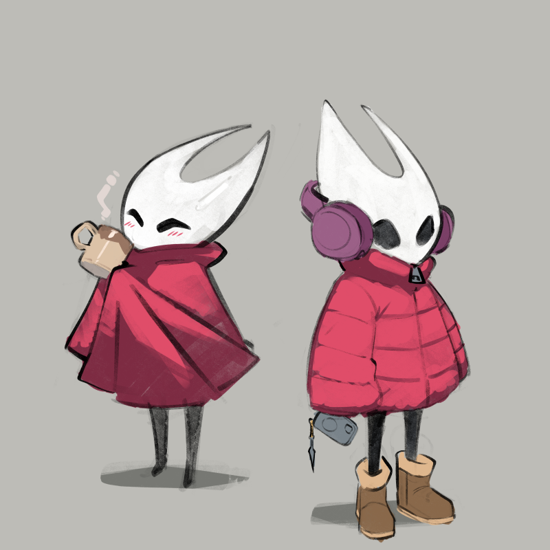 psuede, hornet (hollow knight), hollow knight, hollow knight: silksong, commentary, english commentary, 1girl, black eyes, black skin, blush, boots, cloak, closed eyes, colored skin, cup, grey background, headphones, holding, holding cup, hollow eyes, horned mask, mask, multiple views, red cloak, simple background, sleeves past fingers, sleeves past wrists, standing, white mask