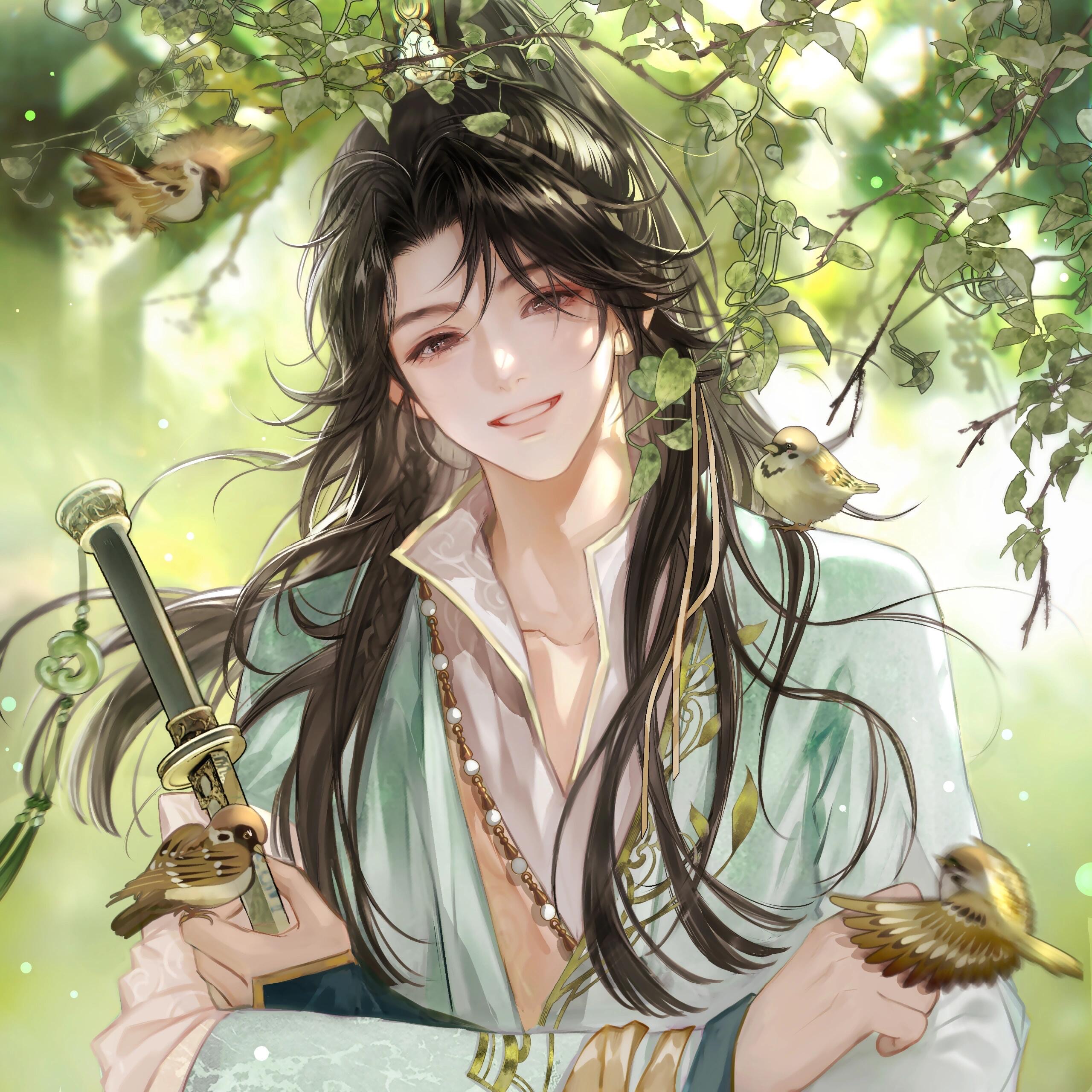 original, absurdres, highres, large variant set, variant set, 1boy, animal, animal on shoulder, bird, bird on shoulder, black hair, blurry, blurry background, branch, chinese clothes, hanfu, holding, long hair, long sleeves, looking at viewer, male focus, outdoors, smile, solo, sword, upper body, weapon, yamabuwu