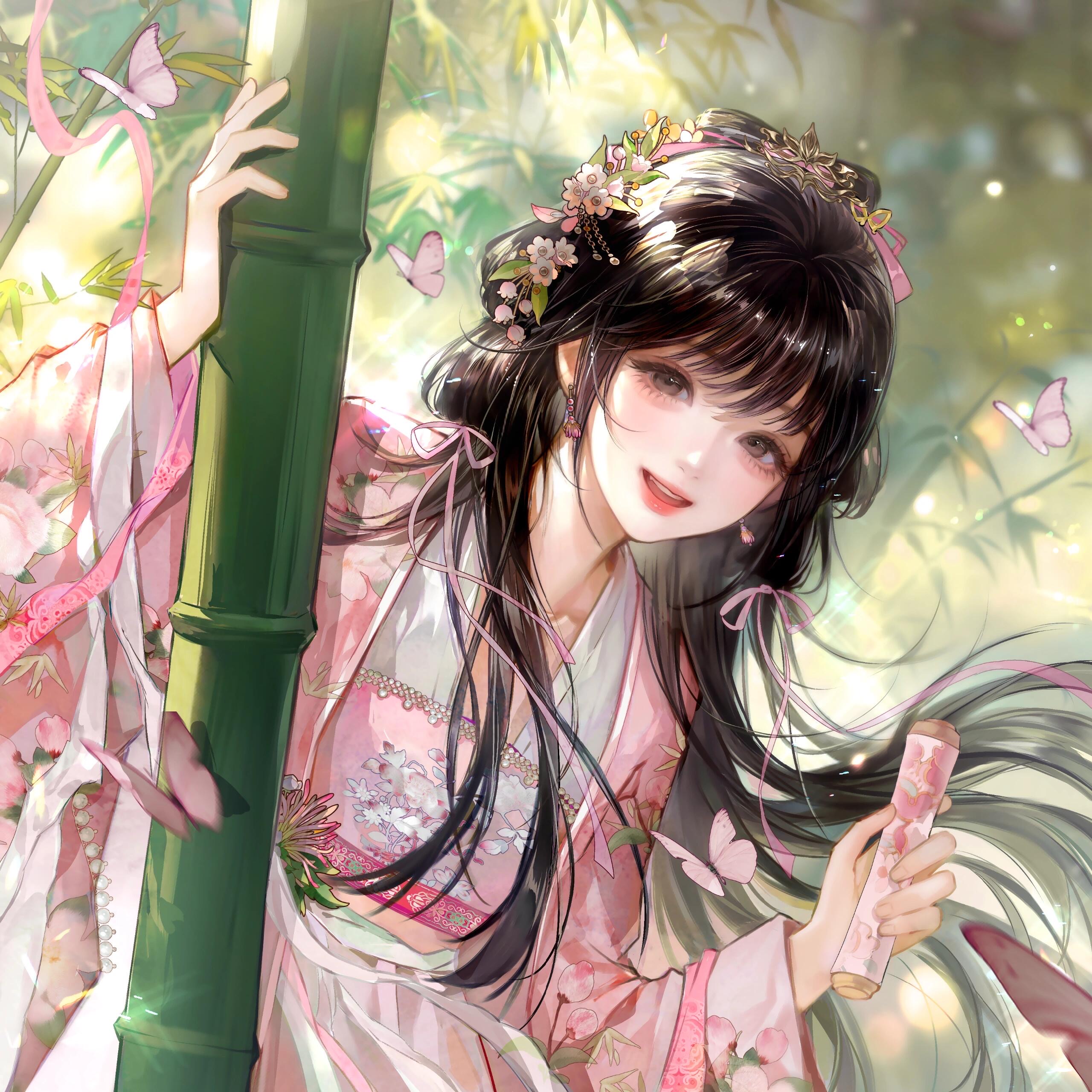 original, absurdres, highres, large variant set, variant set, 1girl, bamboo, black hair, bug, butterfly, chinese clothes, earrings, flower, hair flower, hair ornament, hair ribbon, holding, insect, jewelry, long hair, long sleeves, looking at viewer, open mouth, ribbon, smile, solo, upper body, wide sleeves, yamabuwu