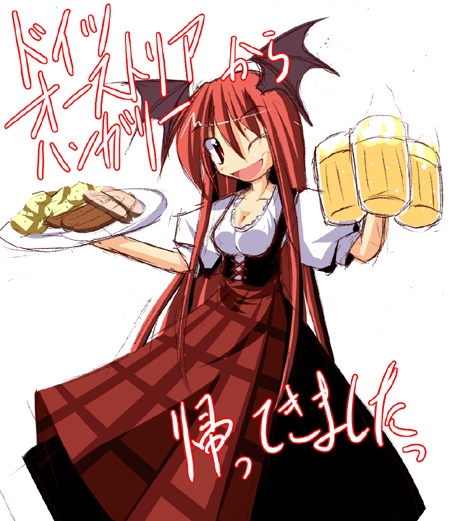ichidai taisa, koakuma, embodiment of scarlet devil, touhou, translated, 1girl, :d, alcohol, beer, beer mug, cup, female focus, food, head wings, long hair, mug, one eye closed, open mouth, red eyes, red hair, smile, solo, very long hair, waitress, wings