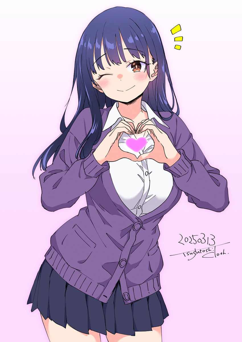 kurosu tsugutoshi, yamada anna, boku no kokoro no yabai yatsu, commentary request, highres, 1girl, ^^^, black hair, black skirt, blush, brown eyes, cardigan, collared shirt, cowboy shot, dated, gradient background, heart, heart hands, long hair, long sleeves, looking at viewer, one eye closed, pink background, pleated skirt, purple cardigan, school uniform, shirt, signature, skirt, solo, white shirt