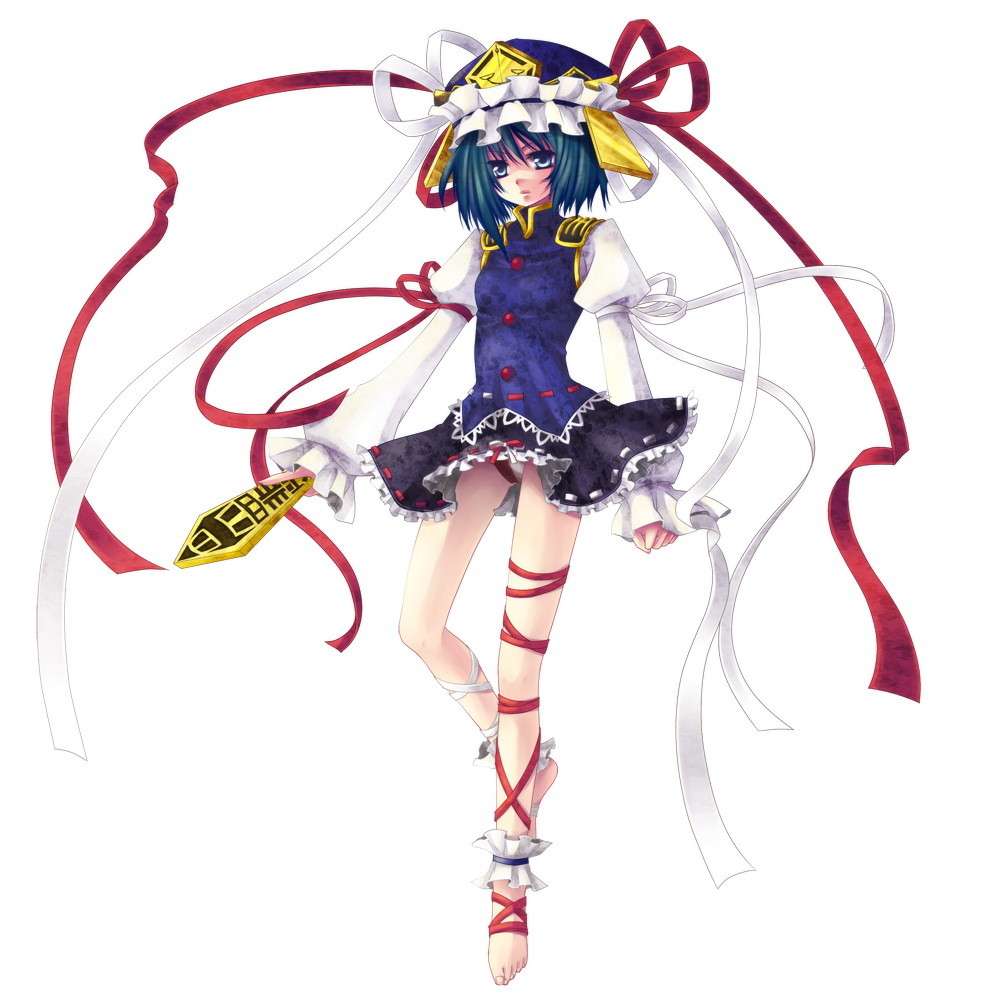 mikazuki sara, shiki eiki, touhou, bad id, bad pixiv id, 1girl, ankle garter, barefoot, blue eyes, female focus, full body, green eyes, green hair, hat, leg ribbon, matching hair/eyes, panties, ribbon, rod of remorse, short hair, simple background, solo, standing, underwear, white background