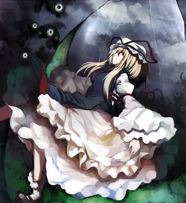ken (coffee michikusa), yakumo yukari, touhou, bad id, bad pixiv id, 1girl, blonde hair, dress, eyeball, female focus, from side, hat, layered dress, long sleeves, mob cap, profile, red eyes, short hair, sidelocks, solo, white dress