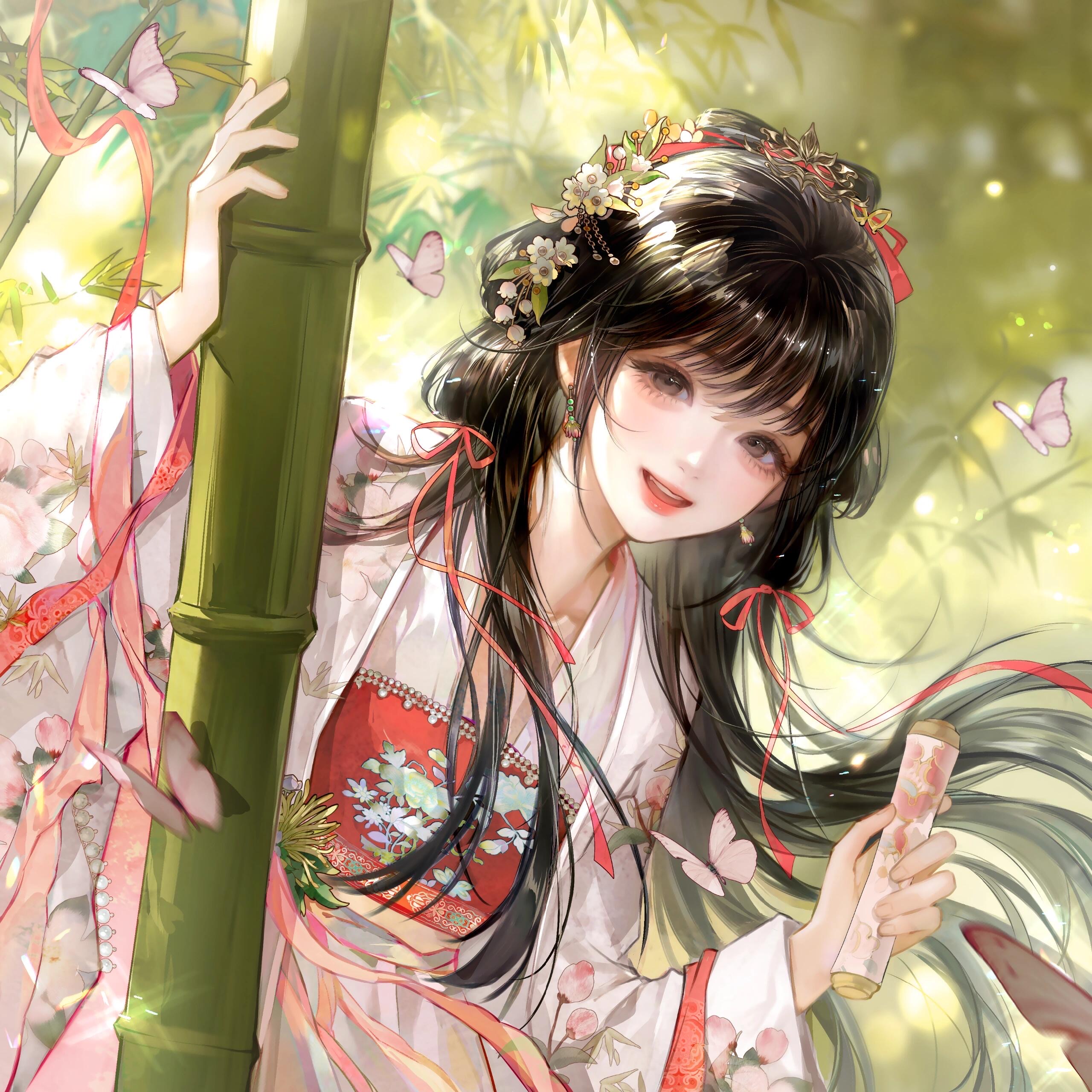 yamabuwu, original, absurdres, highres, large variant set, variant set, 1girl, :d, bamboo, black hair, blurry, bug, butterfly, chinese clothes, earrings, floral print, flower, hair flower, hair ornament, hair ribbon, hanfu, holding, insect, jewelry, long hair, long sleeves, looking at viewer, nature, open mouth, outdoors, red ribbon, ribbon, smile, solo, upper body, wide sleeves