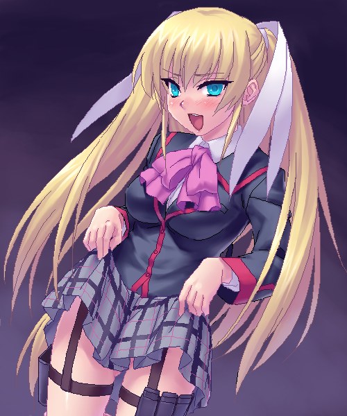 zen, tokido saya, little busters!, 1girl, blonde hair, blue eyes, bow, clothes lift, female focus, long hair, pink bow, skirt, skirt lift, solo, thigh strap, twintails, very long hair
