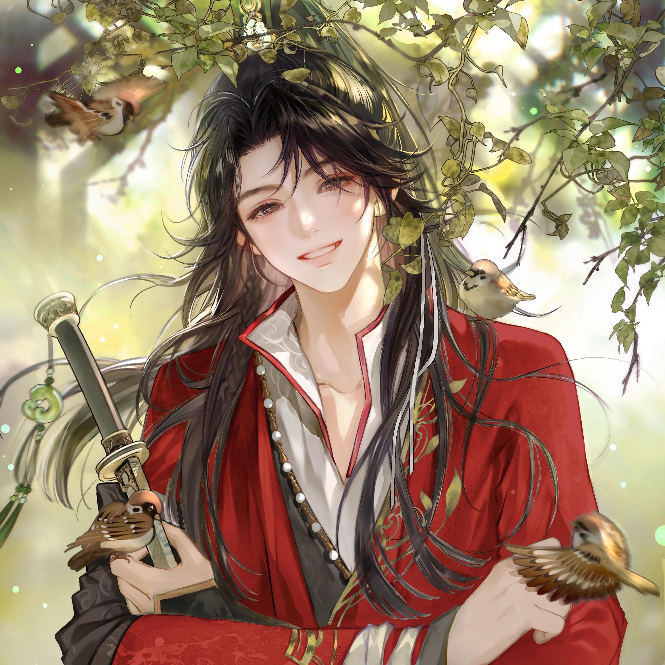 yamabuwu, original, absurdres, highres, large variant set, variant set, 1boy, animal, animal on shoulder, bird, bird on shoulder, black hair, blurry, blurry background, branch, chinese clothes, hanfu, holding, jewelry, long hair, long sleeves, looking at viewer, male focus, outdoors, smile, solo, sword, upper body, weapon