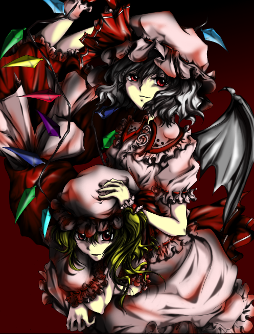 chie (pixiv), shinn (artist2), flandre scarlet, remilia scarlet, touhou, bad id, bad pixiv id, 2girls, female focus, hat, multiple girls, red background, red eyes, short hair, siblings, sisters, wings