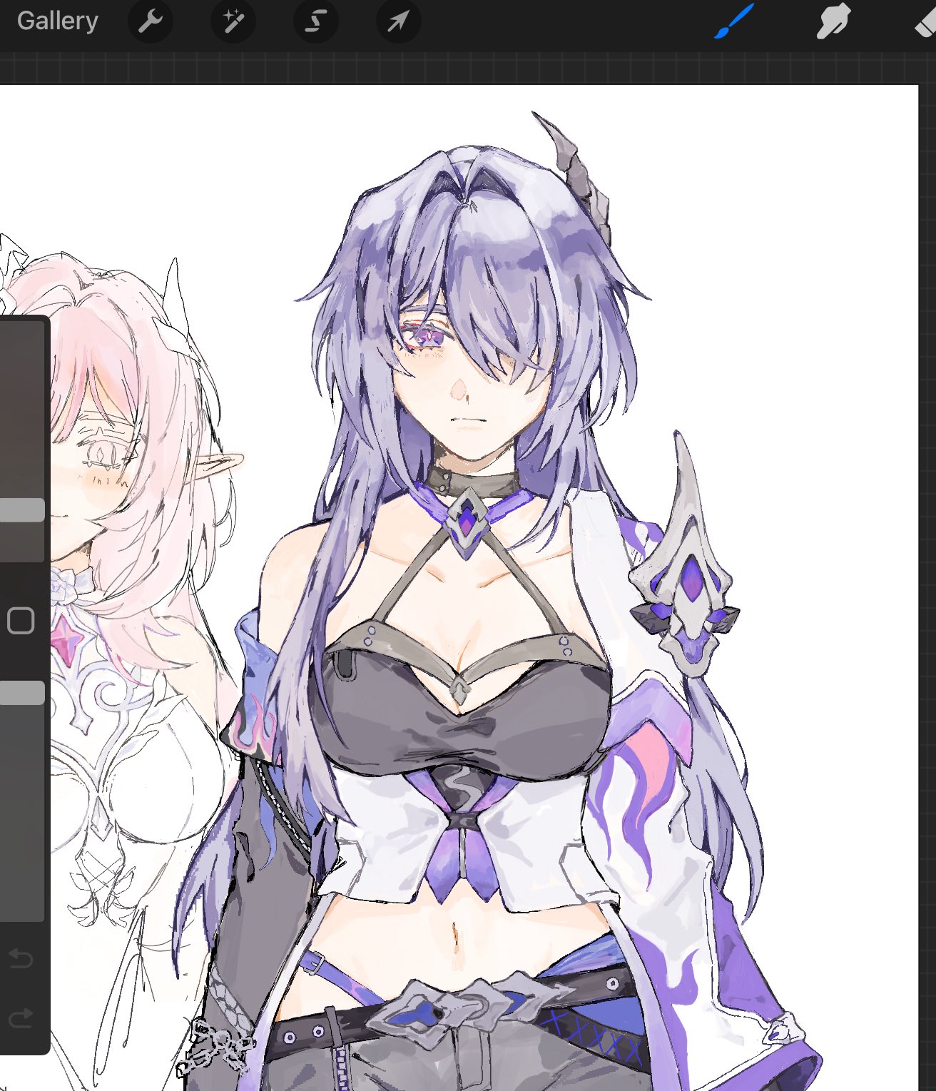 ctnplant, acheron (honkai: star rail), cyrene (honkai: star rail), cyrene (ripples of past reverie) (honkai: star rail), honkai: star rail, honkai (series), highres, unfinished, 2girls, black bra, black shorts, bra, breasts, buckle, chain, choker, cleavage, closed mouth, detached sleeves, dress, flame print, hair ornament, hair over one eye, jacket, large breasts, long hair, long sleeves, looking at viewer, midriff, multiple girls, navel, pink hair, pointy ears, purple eyes, purple hair, shorts, single bare shoulder, underwear, very long hair, white background, white dress, white jacket