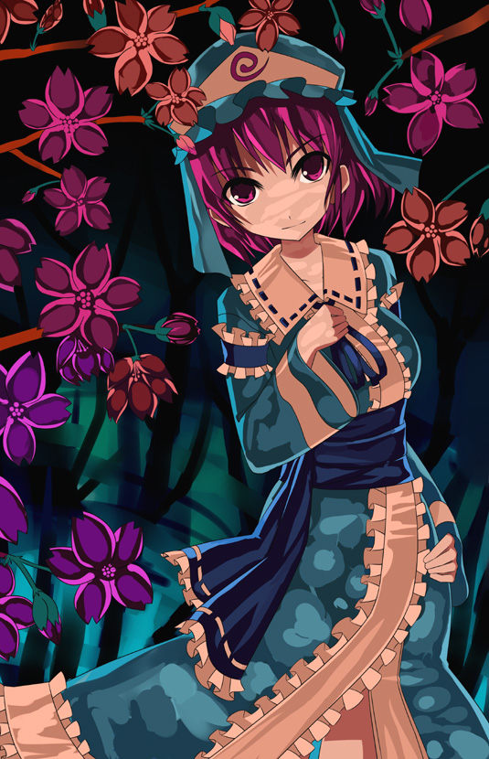 kureha (ironika), kureha, saigyouji yuyuko, touhou, 1girl, cherry blossoms, female focus, hat, japanese clothes, kimono, light smile, pink eyes, pink hair, shade, short hair, solo, tree shade