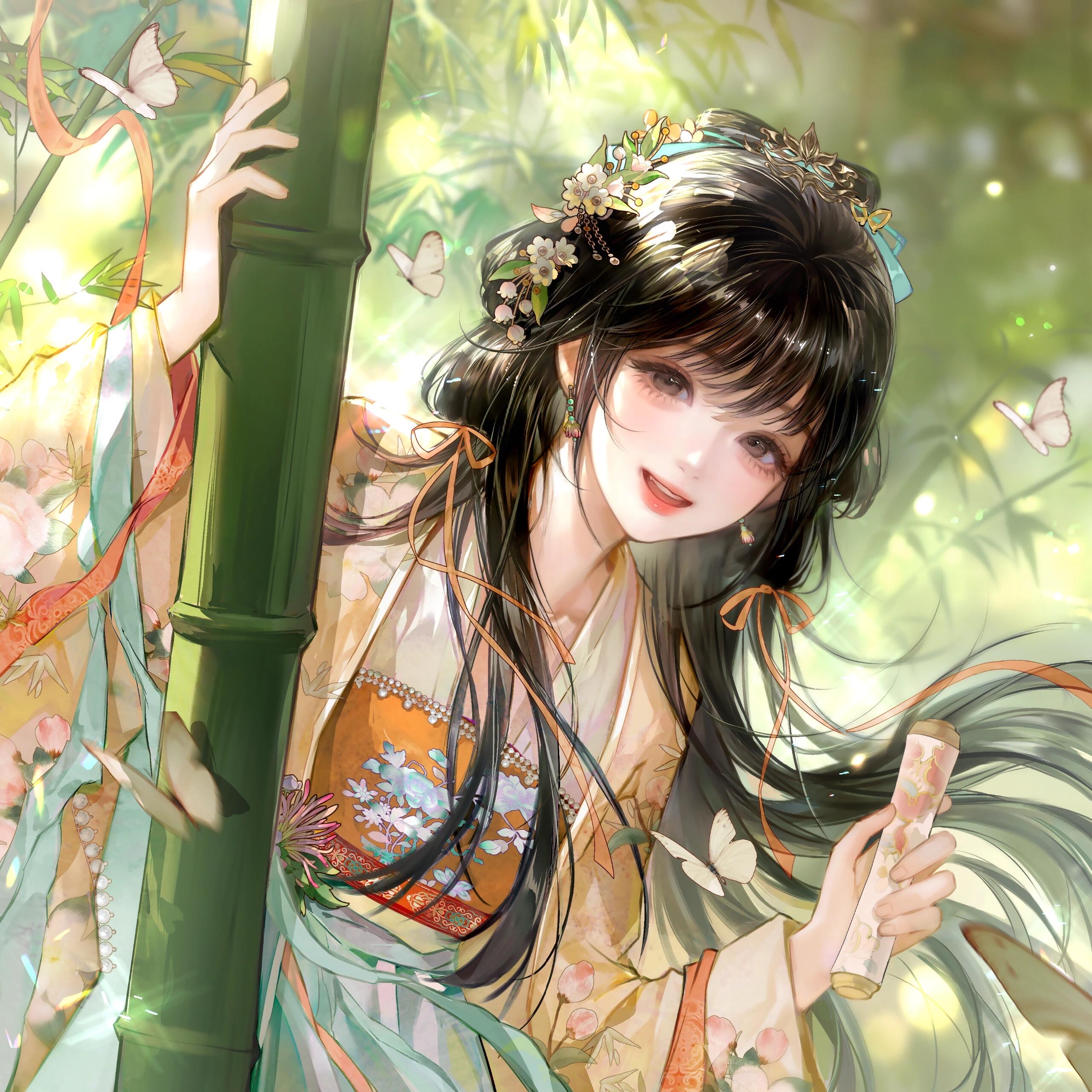 yamabuwu, original, absurdres, highres, large variant set, variant set, 1girl, bamboo, black hair, bug, butterfly, chinese clothes, earrings, flower, hair flower, hair ornament, hair ribbon, hanfu, holding, insect, jewelry, long hair, long sleeves, looking at viewer, open mouth, ribbon, smile, solo, upper body, wide sleeves