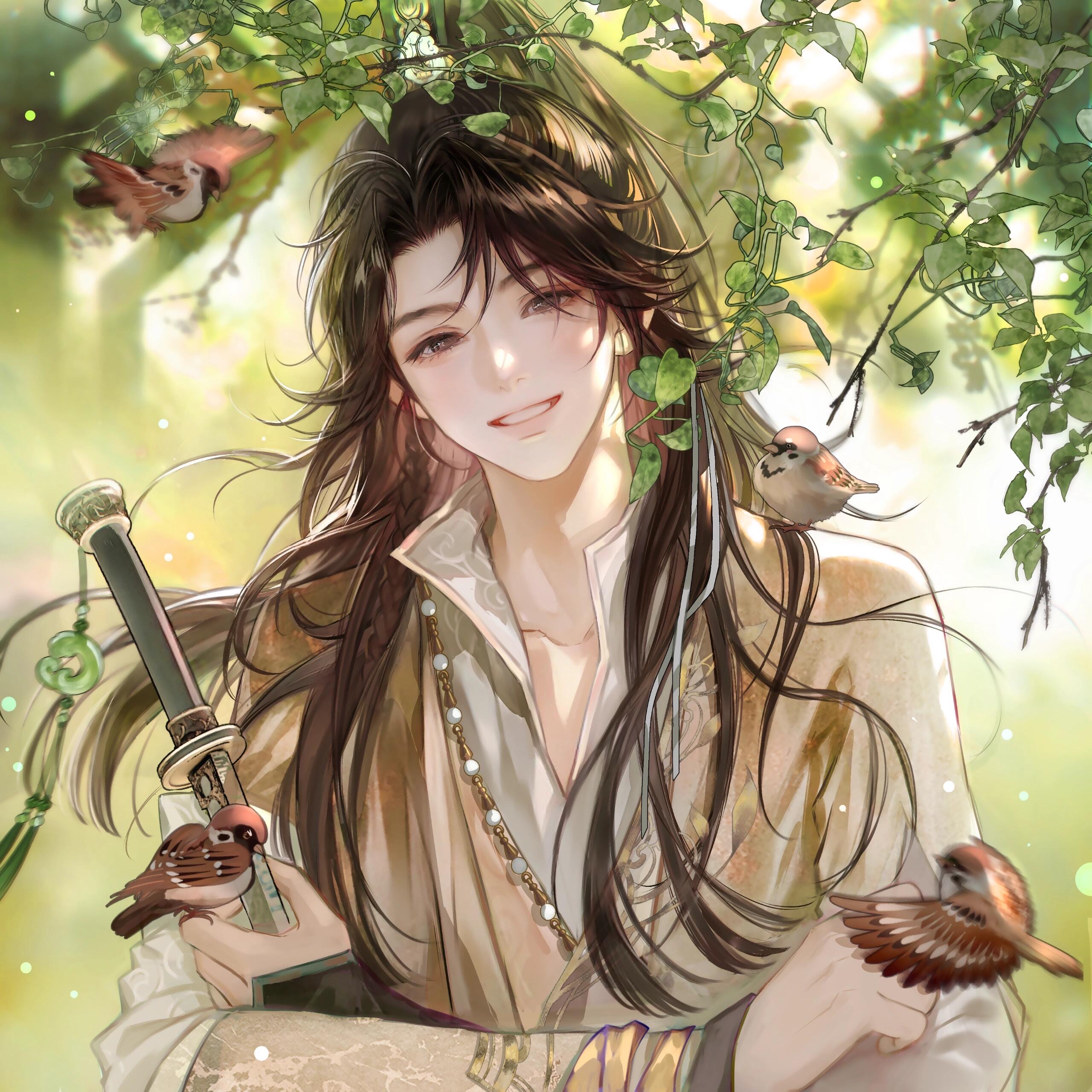 yamabuwu, original, absurdres, highres, large variant set, variant set, 1boy, animal, animal on shoulder, bird, bird on shoulder, black hair, blurry, blurry background, branch, brown hair, chinese clothes, hanfu, holding, jewelry, long hair, long sleeves, looking at viewer, male focus, outdoors, smile, solo, sword, upper body, weapon