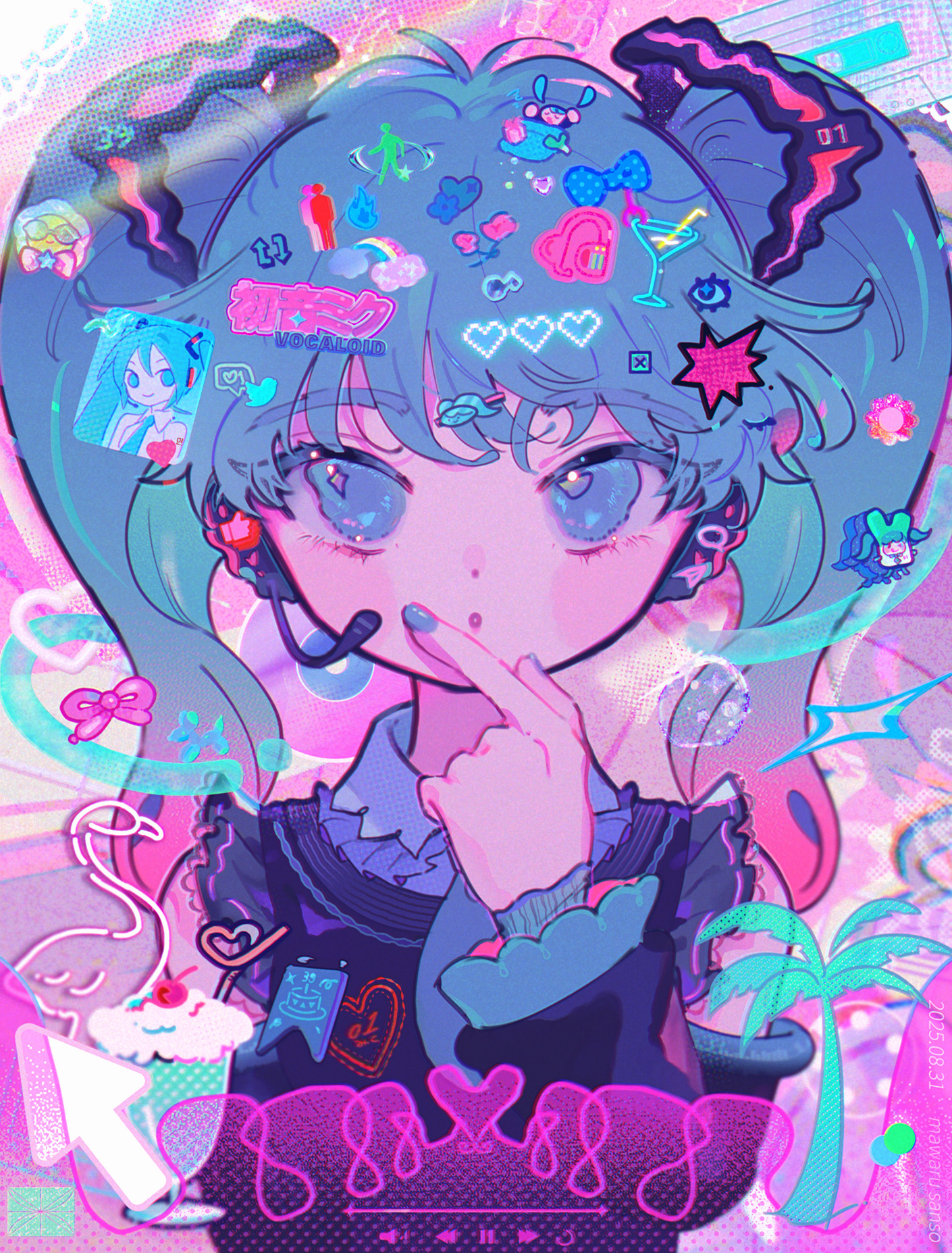 mawarusanso, hatsune miku, vocaloid, highres, 1girl, blue nails, blue shirt, cassette tape, cocktail glass, copyright name, cup, cursor, decora, detached sleeves, drinking glass, eyeball, gradient hair, hair ornament, hairclip, headset, heart, like and retweet, long hair, looking at viewer, multicolored hair, musical note, palm tree, rainbow, shirt, solo, tree, twintails, twitter logo, upper body, x (symbol)