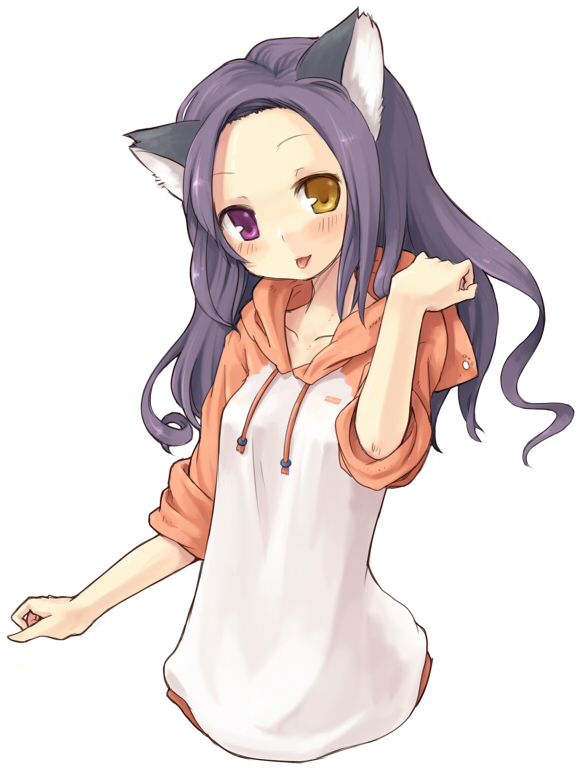 7010, original, 1girl, :p, animal ears, blush, female focus, heterochromia, hood, hoodie, long hair, purple hair, raglan sleeves, sleeves rolled up, solo, tongue, tongue out