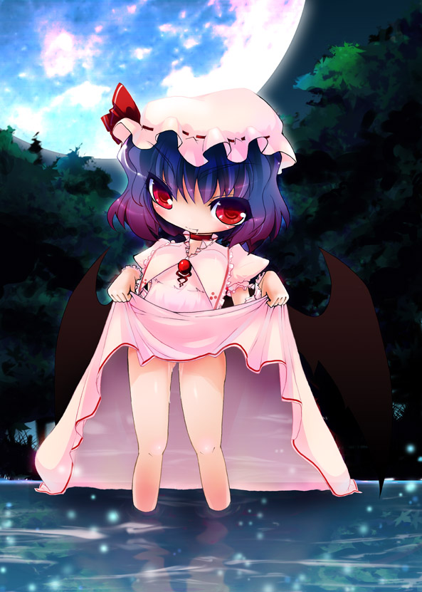 shaen, remilia scarlet, touhou, bad id, bad pixiv id, 1girl, chibi, clothes lift, dress, dress lift, fang, female focus, full moon, gradient hair, hat, lifting own clothes, mob cap, moon, multicolored hair, nature, outdoors, pink dress, plant, red eyes, sky, solo, standing, wading, water, wings