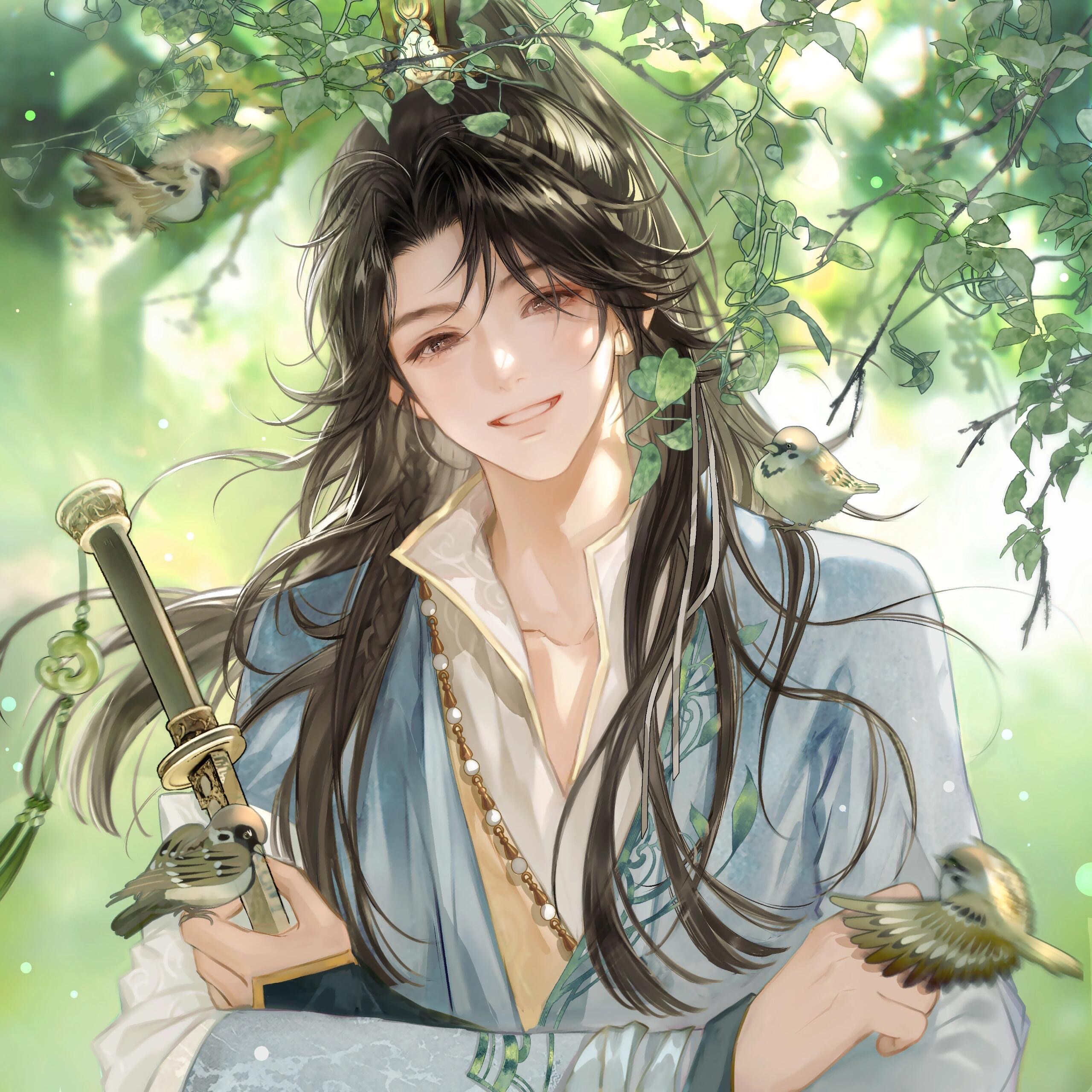 yamabuwu, original, absurdres, highres, large variant set, variant set, 1boy, animal, animal on shoulder, bird, bird on shoulder, black hair, blurry, blurry background, branch, brown eyes, chinese clothes, hanfu, holding, long hair, long sleeves, looking at viewer, male focus, outdoors, ponytail, smile, solo, sword, upper body, weapon