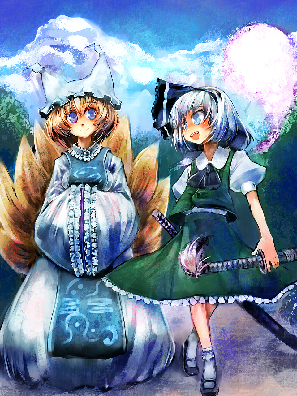 ukyo rst, konpaku youmu, konpaku youmu (ghost), yakumo ran, touhou, silver hair, highres, 2girls, ascot, blonde hair, blue eyes, cloud, female focus, fox tail, hairband, hands in opposite sleeves, hitodama, multiple girls, multiple tails, sheath, sheathed, smile, tail