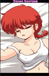 kj (k777), ranma-chan, saotome ranma, ranma 1/2, animated, animated gif, gender request, lowres, 1girl, breasts, cleavage, covered erect nipples, female focus, genderswap, large breasts, navel, no bra, red hair, sleeping, solo, tank top, zzz