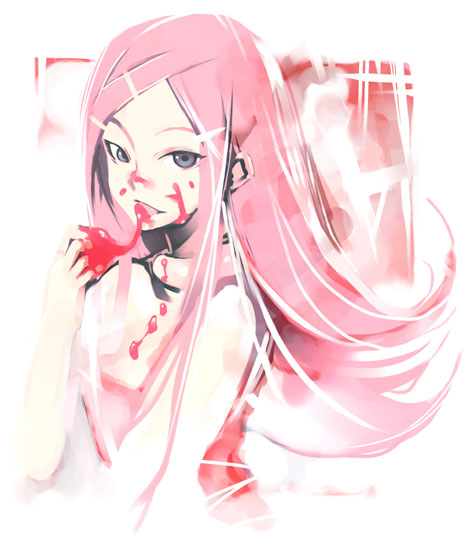 kei (keigarou), anemone (eureka seven), eureka seven, eureka seven (series), 00s, 1girl, blue eyes, collar, eating, female focus, hair ornament, hairclip, jam, pink hair, solo