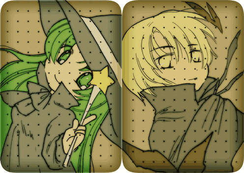 houjou satoshi, sonozaki shion, higurashi no naku koro ni, lowres, 00s, blonde hair, cape, green eyes, green hair, hat, long hair, short hair, witch, witch hat, yellow eyes