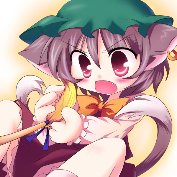 haiiro (hi ghi ro), haiiro (immature), chen, touhou, 1girl, angry, animal ears, brown hair, cat ears, cat girl, cat tail, earrings, fang, female focus, hat, jewelry, multiple tails, red eyes, short hair, solo, tail