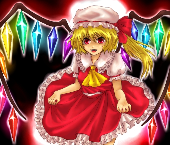 ichiru, mita (matsuri68), flandre scarlet, touhou, bad id, bad pixiv id, 1girl, ascot, blonde hair, collar, crystal, female focus, frills, hat, looking at viewer, looking back, mob cap, puffy short sleeves, puffy sleeves, red eyes, red skirt, short sleeves, skirt, solo, vest
