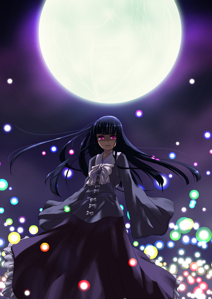 mizuki riko, houraisan kaguya, touhou, bad id, bad pixiv id, 1girl, black hair, bow, danmaku, female focus, floating hair, full moon, long hair, moon, night, pink eyes, smile, solo