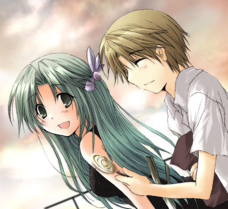 houjou satoshi, sonozaki shion, higurashi no naku koro ni, lowres, 00s, 1boy, 1girl, blonde hair, blush, candy, closed eyes, green eyes, green hair, half updo, long hair, short hair