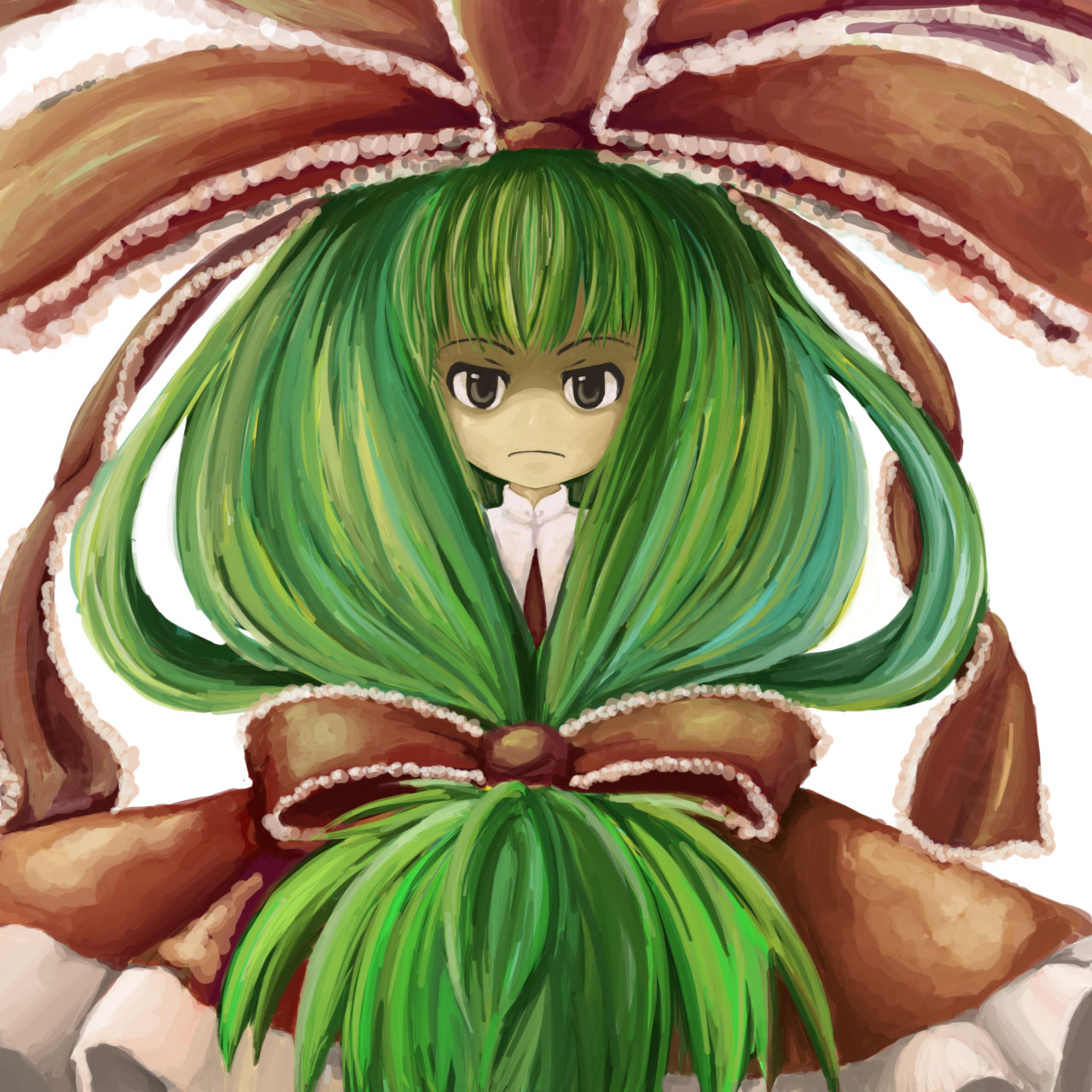 cuphea, kagiyama hina, touhou, highres, 1girl, big hair, female focus, front ponytail, green hair, ribbon, solo, white background