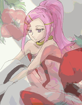 anemone (eureka seven), eureka seven, eureka seven (series), lowres, 00s, 1girl, collar, dress, female focus, flower, formal clothes, gloves, hair ornament, hairclip, long hair, oekaki, pink hair, ponytail, sitting, solo
