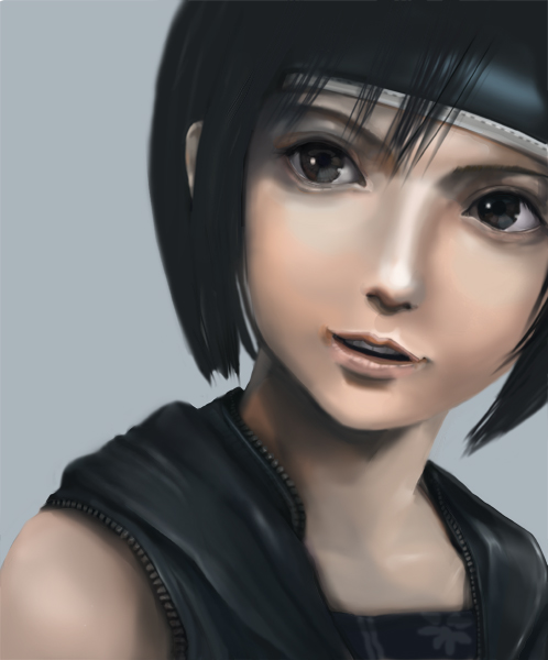 yuffie kisaragi, final fantasy, final fantasy vii, final fantasy vii advent children, 00s, 1990s (style), 1girl, bare shoulders, black hair, brown eyes, female focus, headband, retro artstyle, short hair, simple background, solo, vest