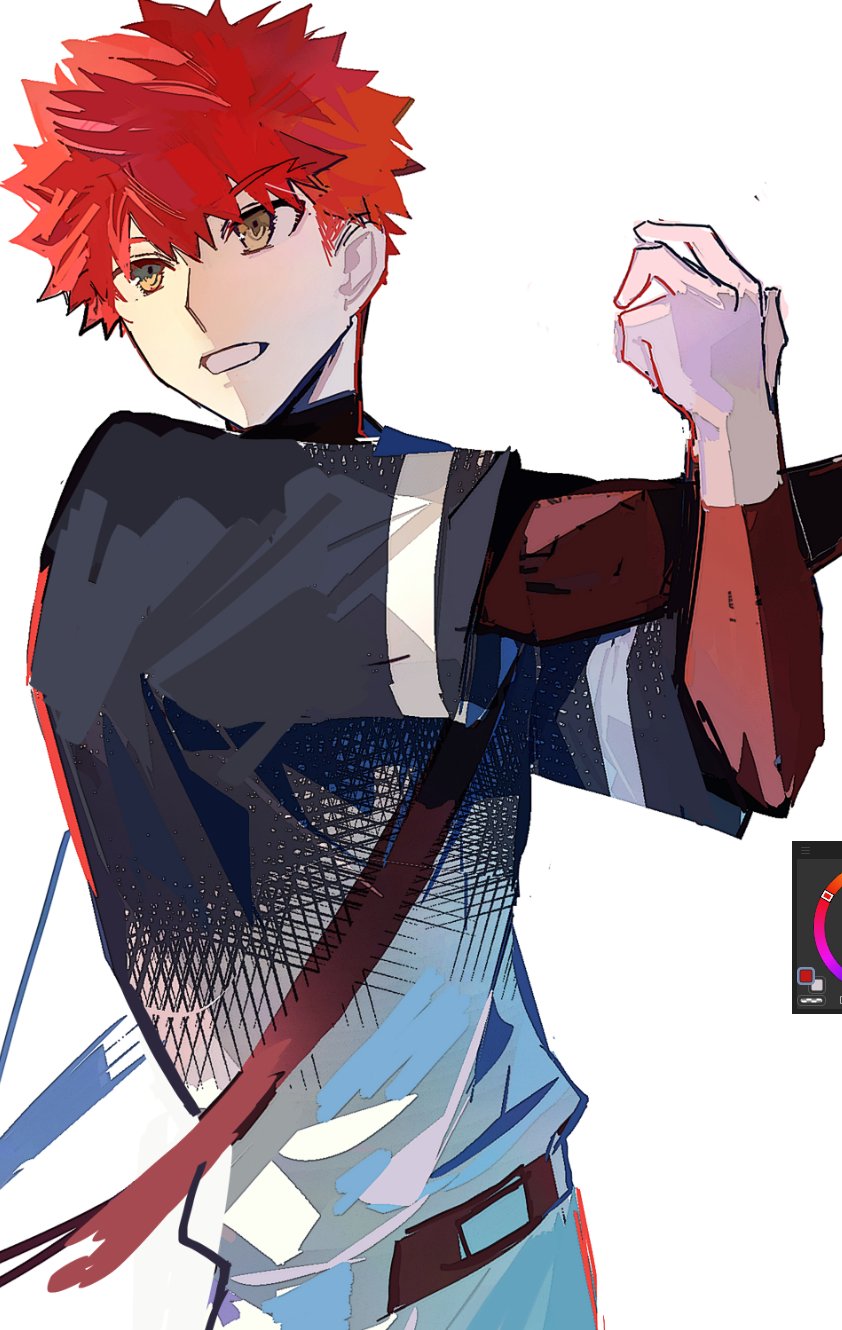 eeju, emiya shirou, senji muramasa (fate), fate/grail league, fate/grand order, fate (series), commentary request, highres, 1boy, art program in frame, baseball uniform, belt, black shirt, brown eyes, long sleeves, male focus, parted lips, red hair, shirt, simple background, solo, sportswear, stretching, white background