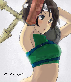 yuu yuu (netaeshi58), yuuyuu (yuk1130), ninja (final fantasy), yuffie kisaragi, final fantasy, final fantasy vii, lowres, 1990s (style), 1girl, armor, armpits, arms up, brown eyes, brown hair, copyright name, female focus, headband, midriff, ninja, retro artstyle, short hair, shuriken, sleeveless, sleeveless turtleneck, solo, turtleneck, weapon