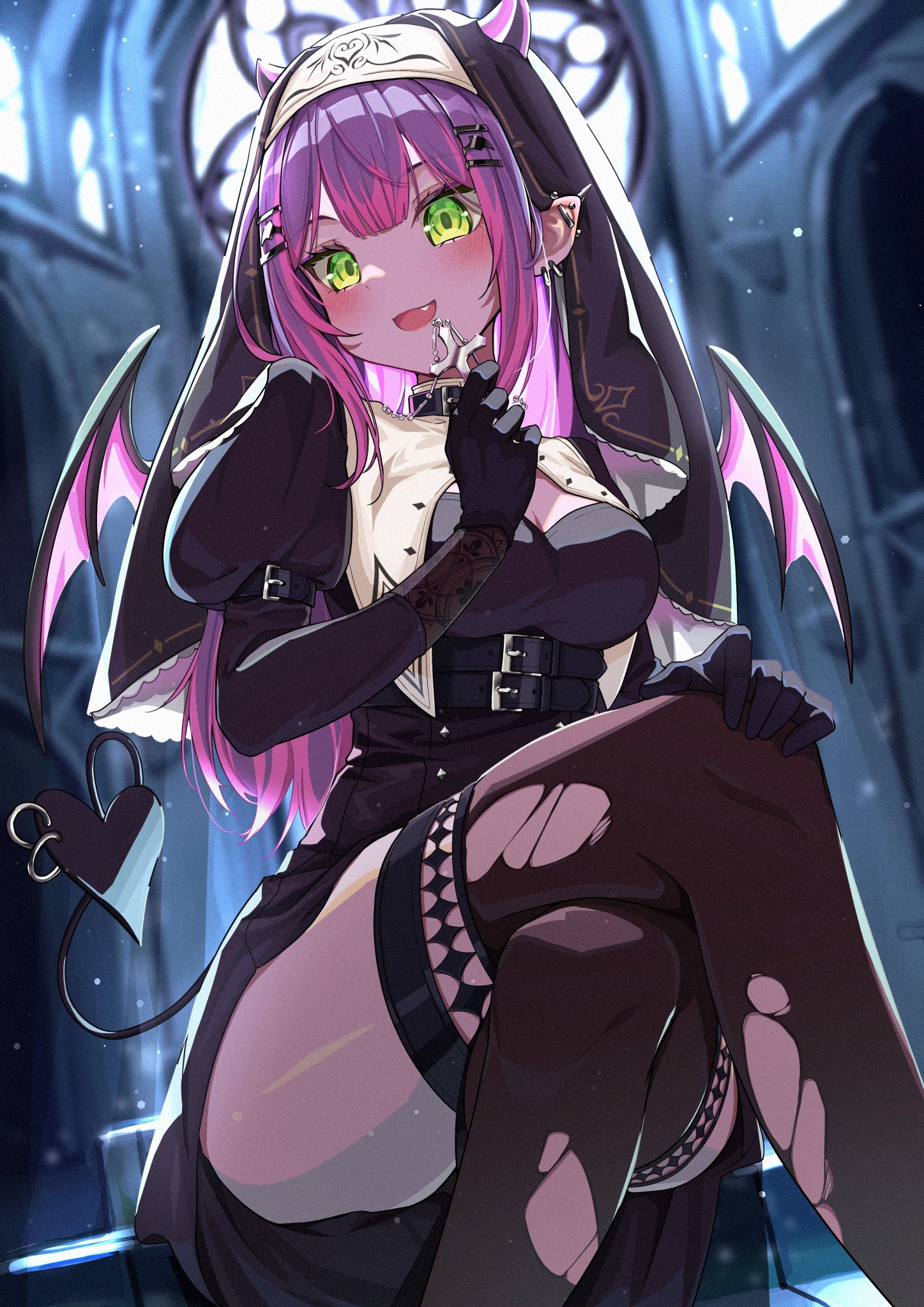 shara (syara so ju), tokoyami towa, hololive, highres, 1girl, alternate costume, arm belt, barbell piercing, bat wings, belt around waist, black dress, black gloves, black thighhighs, blurry, blurry background, breasts, center-flap bangs, church, cleavage, cross, cross necklace, crossed legs, demon girl, demon horns, demon tail, demon wings, depth of field, double-parted bangs, dress, ear piercing, fang, feet out of frame, frilled veil, gloves, green eyes, grin, guimpe, hair between eyes, hair ornament, hairclip, hand on own knee, headband, holding, holding cross, horns, indoors, industrial piercing, jewelry, large breasts, latin cross, light particles, light rays, long hair, multicolored hair, necklace, nun, open mouth, parallel hairclips, piercing, pink horns, purple hair, sidelocks, sitting, smile, solo, tail, tail ornament, tail piercing, thighhighs, thighs, torn clothes, torn thighhighs, veil, virtual youtuber, wings
