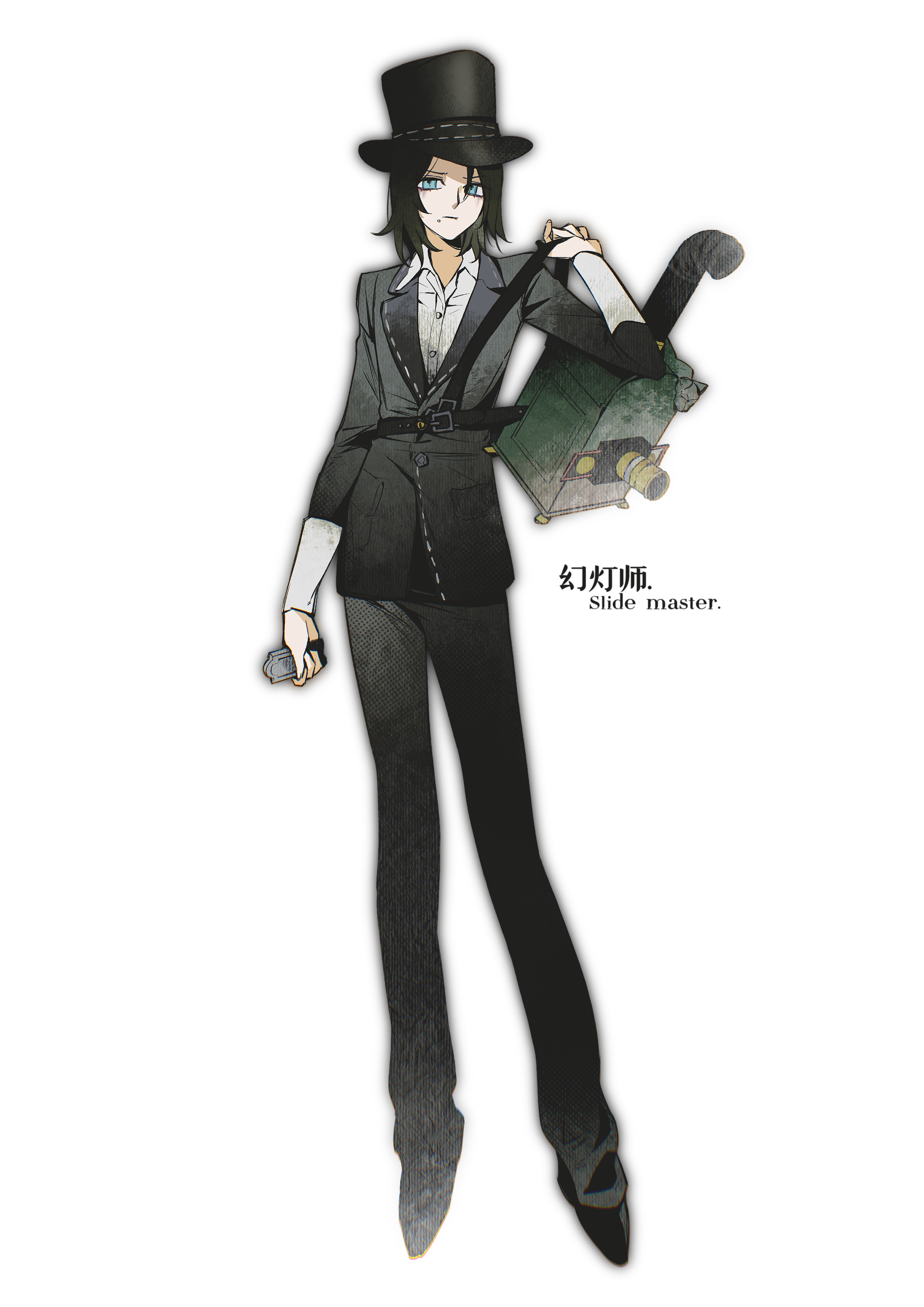 identity v, absurdres, highres, 1girl, amanda gaddis, black hair, black hat, black pants, black shoes, blue eyes, face piercing, formal clothes, full body, hat, holding, looking at viewer, medium hair, mole, pants, piercing, shirt, shoes, suit, top hat, white background, white shirt, white sleeve cuffs, xinjinjumin0660559