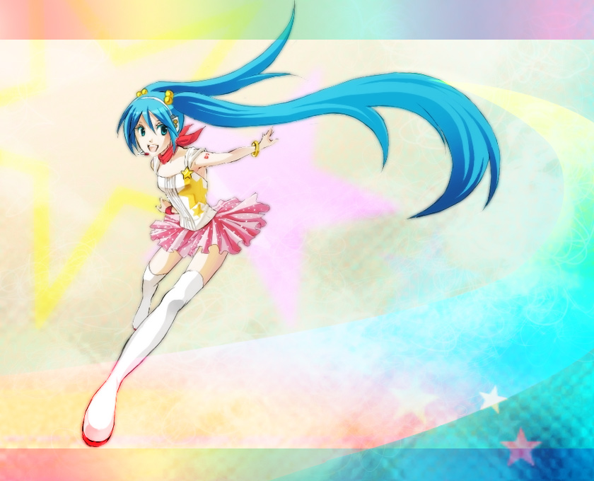 fumi (artist), hatsune miku, vocaloid, bad id, bad pixiv id, aqua eyes, blue hair, bracelet, jewelry, long hair, scarf, solo, star (symbol), thighhighs, twintails, very long hair, zettai ryouiki