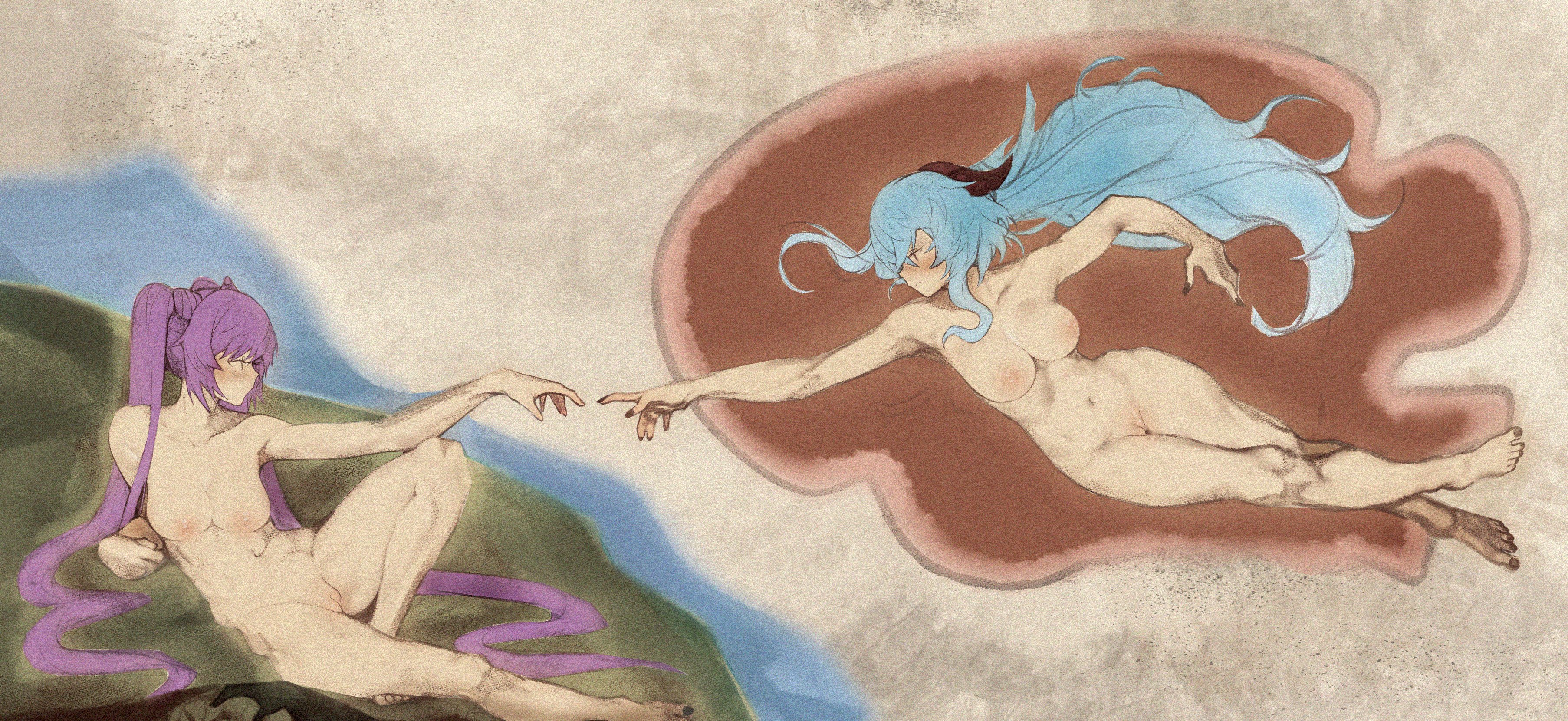 brashear lushert, ganyu (genshin impact), keqing (genshin impact), genshin impact, the creation of adam, absurdres, highres, 2girls, blue hair, breasts, closed mouth, completely nude, fine art parody, full body, goat horns, horns, knee up, large breasts, long hair, looking at another, medium breasts, multiple girls, nipples, nude, outstretched hand, parody, purple hair, pussy, sitting, twintails, uncensored