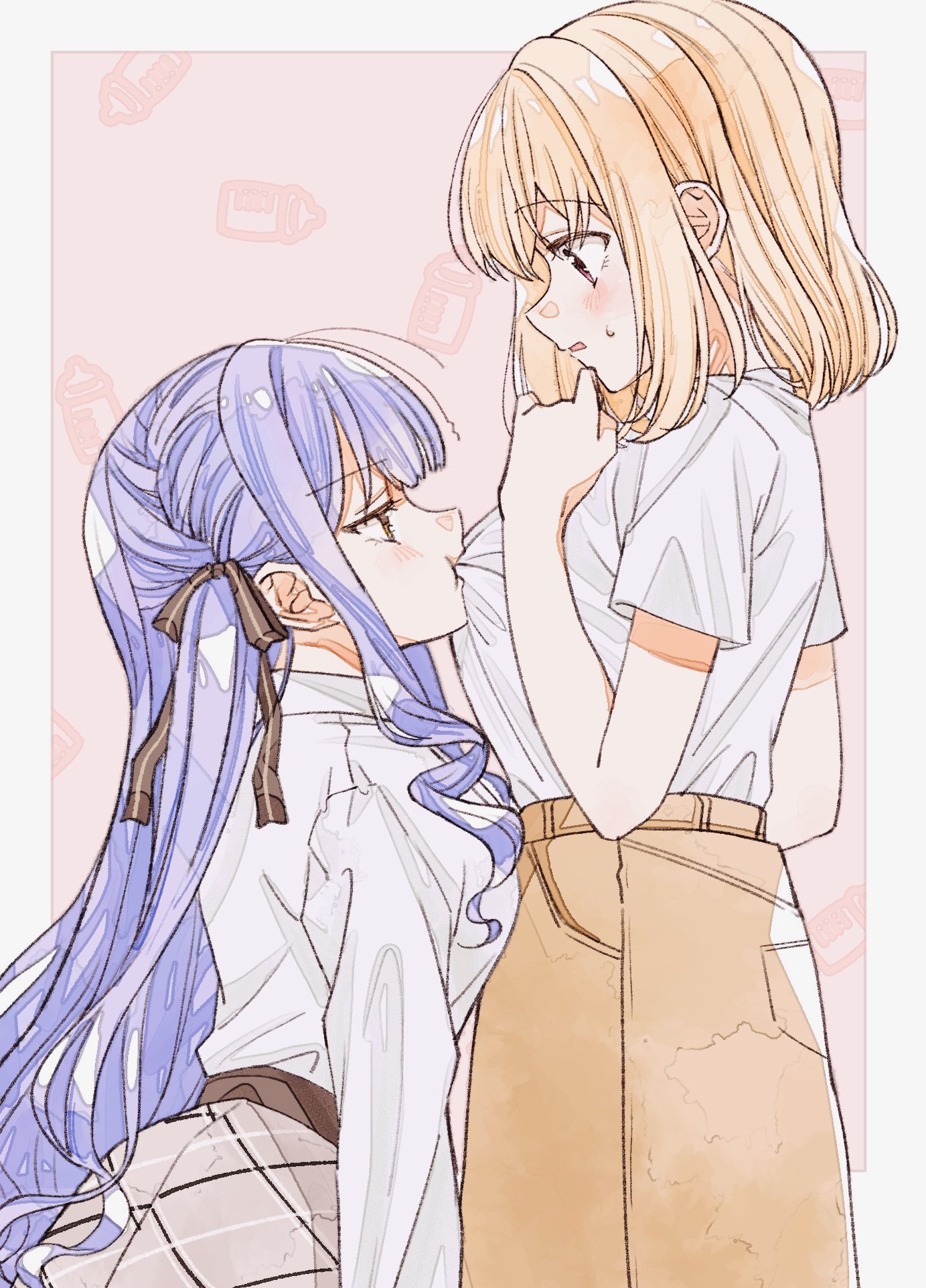 ccc cloudy, misumi uika, togawa sakiko, bang dream!, bang dream! it's mygo!!!!!, highres, 2girls, biting, biting clothes, blonde hair, blue eyes, blue hair, blush, long hair, long sleeves, looking at another, medium hair, multiple girls, shirt, short sleeves, sidelocks, sweatdrop, white shirt, yellow eyes, yuri