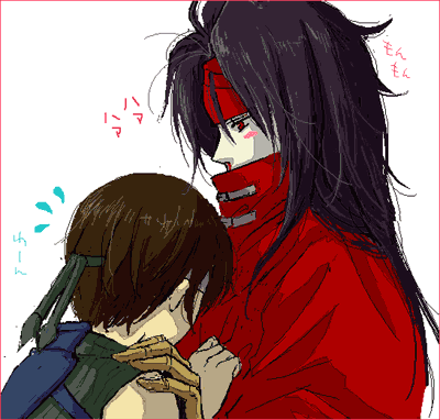 vincent valentine, yuffie kisaragi, final fantasy, final fantasy vii, lowres, translated, 1990s (style), 1boy, 1girl, black hair, blood, blush, brown hair, cape, comforting, headband, long hair, nosebleed, oekaki, red eyes, short hair, sleeveless, sleeveless turtleneck, tears, turtleneck, yuffentine