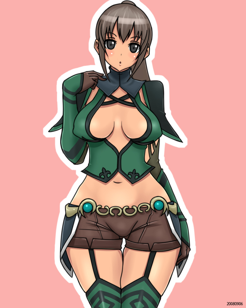 monmonism, bad id, bad pixiv id, breasts, elbow gloves, gloves, hip focus, large breasts, short shorts, shorts, solo, thighhighs, wide hips