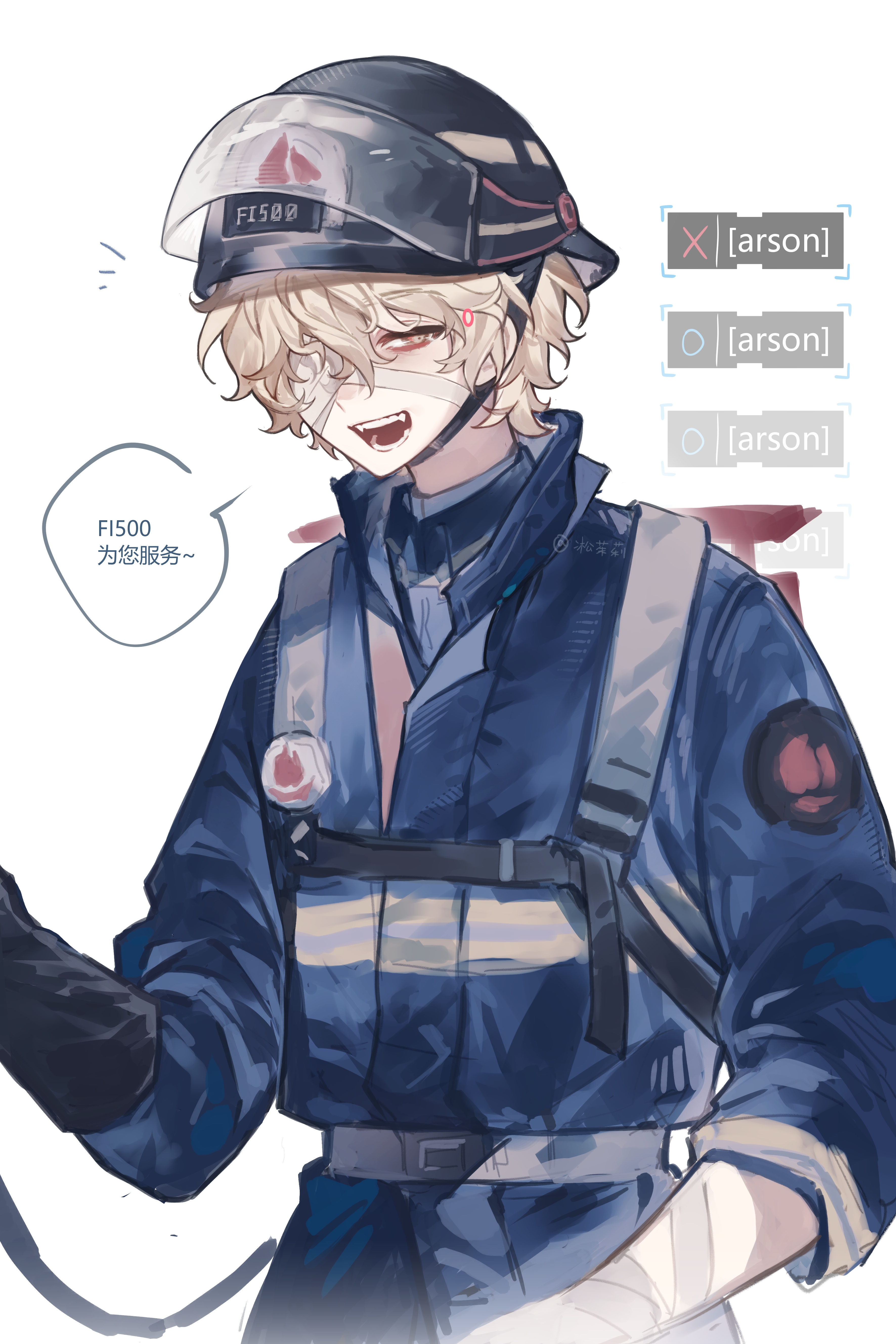 florian brand, identity v, absurdres, highres, 1boy, :d, bandage over one eye, bandaged arm, bandages, black gloves, blonde hair, chinese text, english text, fangs, firefighter helmet, firefighter jacket, gloves, grin, jacket, looking to the side, male focus, open mouth, reflective clothes, single glove, sleeves rolled up, smile, wavy hair, xinjinjumin136366469206, yellow eyes