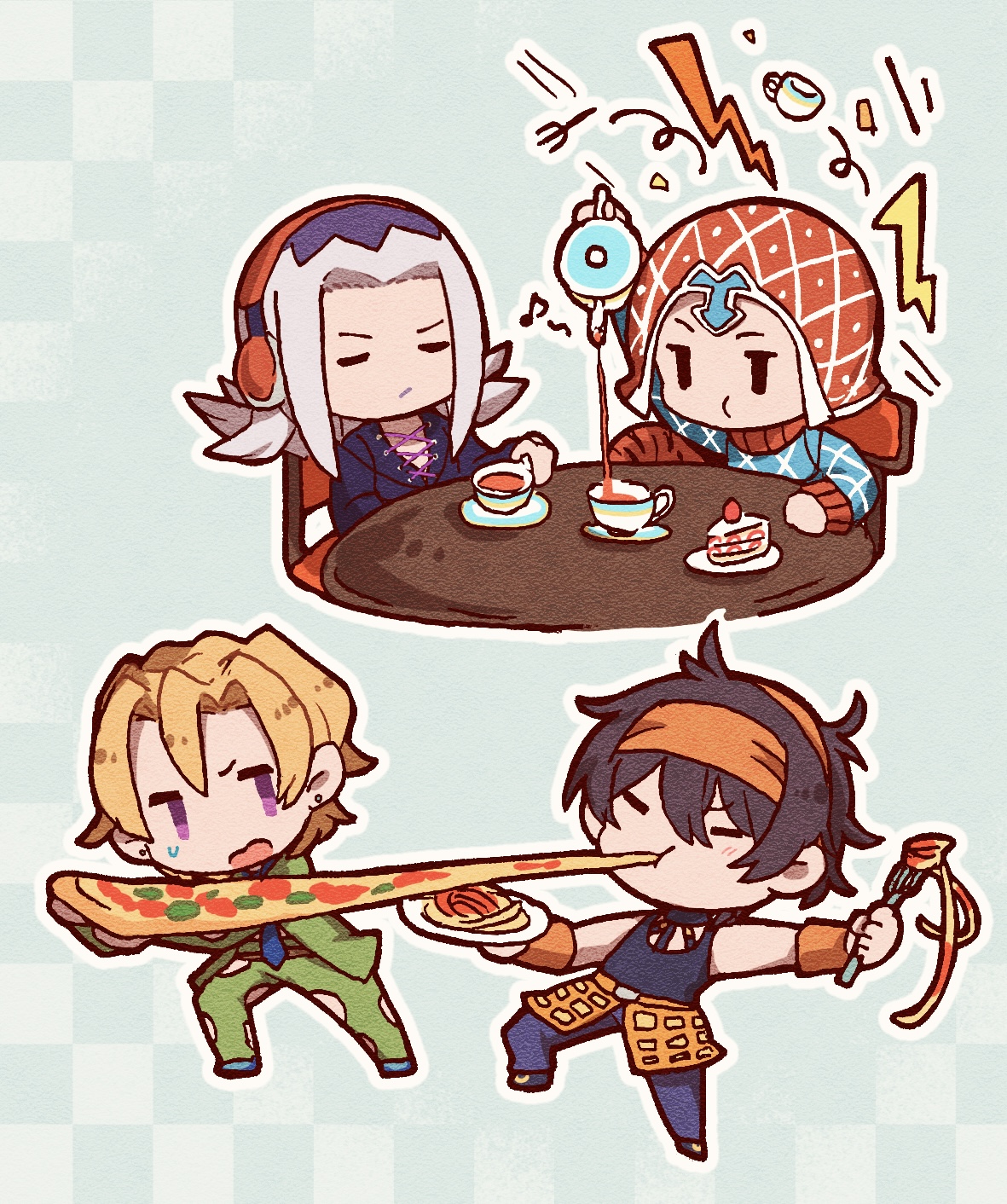 kasasagi (hinagi), guido mista, leone abbacchio, narancia ghirga, pannacotta fugo, jojo no kimyou na bouken, vento aureo, highres, 4boys, = =, aqua background, black eyes, black hair, blonde hair, blue necktie, blue shirt, checkered background, cheese, cheese trail, chibi, chibi only, cup, food, fork, green jacket, green pants, grey hair, hat, headphones, holding, holding food, holding fork, holding pizza, holding teapot, jacket, long hair, male focus, multiple boys, necktie, orange hat, pants, pasta, pizza, purple eyes, shirt, short hair, sleeveless, spaghetti, sweatdrop, teacup, teapot