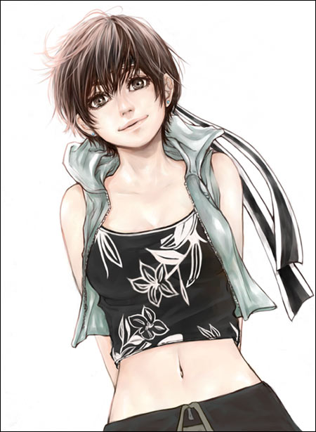 kanda aya, yuffie kisaragi, final fantasy, final fantasy vii, final fantasy vii advent children, 00s, 1990s (style), 1girl, bare shoulders, brown eyes, brown hair, earrings, female focus, floral print, headband, jewelry, midriff, retro artstyle, simple background, solo, vest