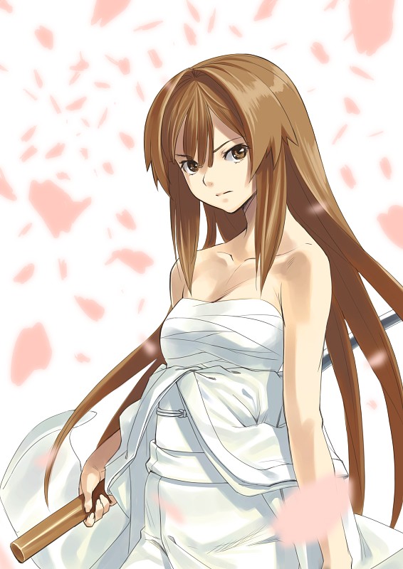 shimotsuki eight, seto sun, seto no hanayome, 00s, 1girl, bare shoulders, brown eyes, brown hair, cherry blossoms, collarbone, female focus, frown, japanese clothes, katana, kimono, long hair, petals, sarashi, shirasaya, solo, sword, weapon